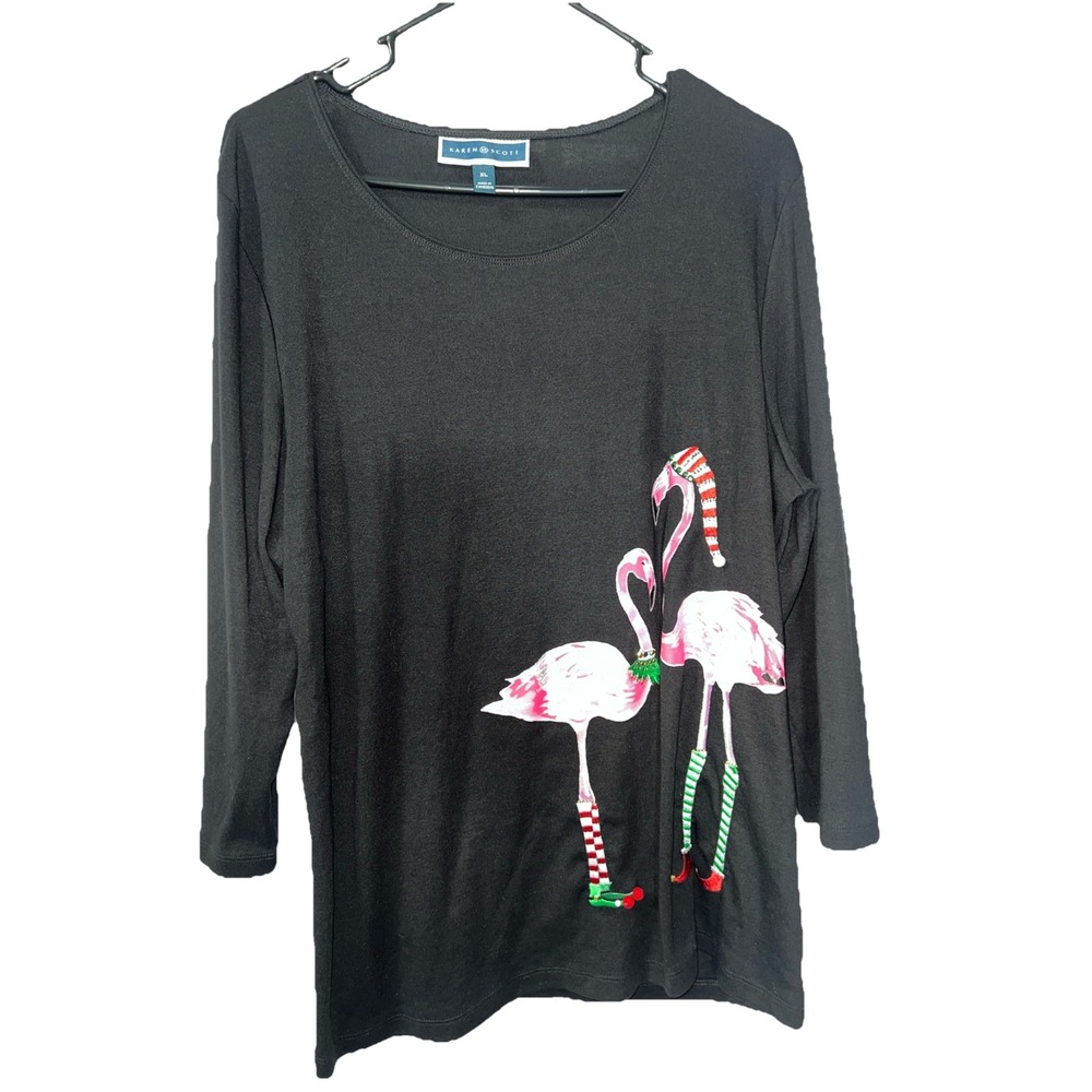 KAREN SCOTT Black Holiday Flamingo Print‎ Embellished Cotton Size XL Top